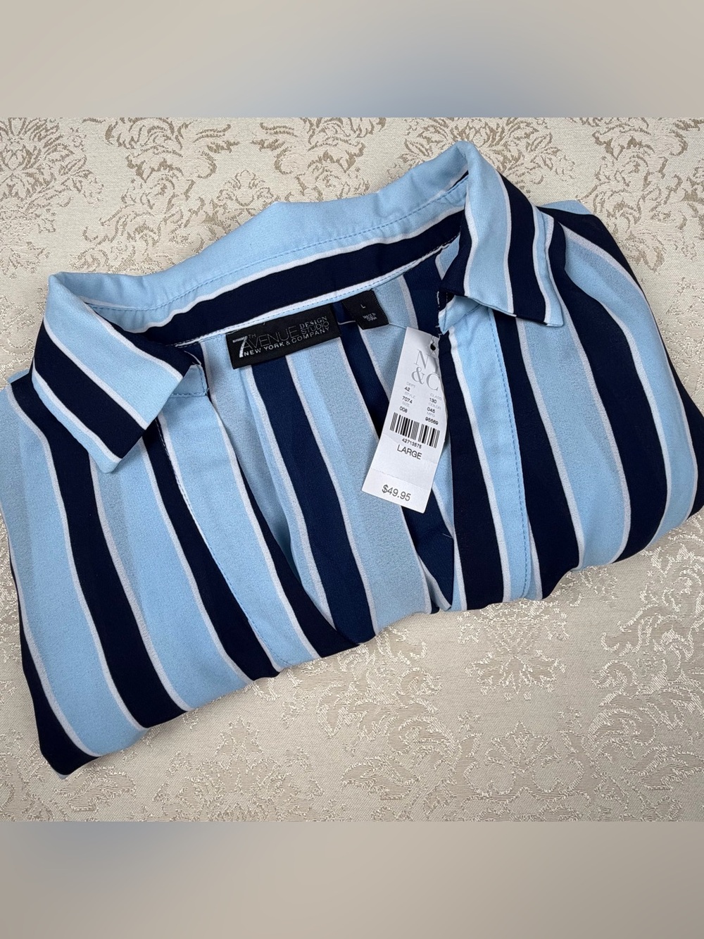 New York & Company Light Blue and Navy Striped Button-Down Shirt